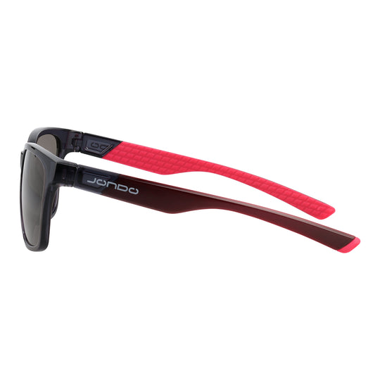 Side view dark golf sunglasses with textured red temples and dark lenses