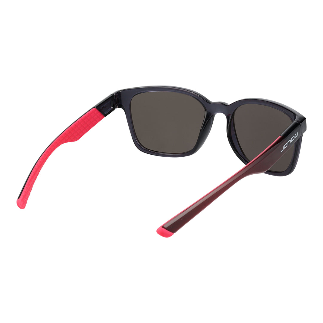 Golf sunglasses with dark lenses and red textured temples, angled side view