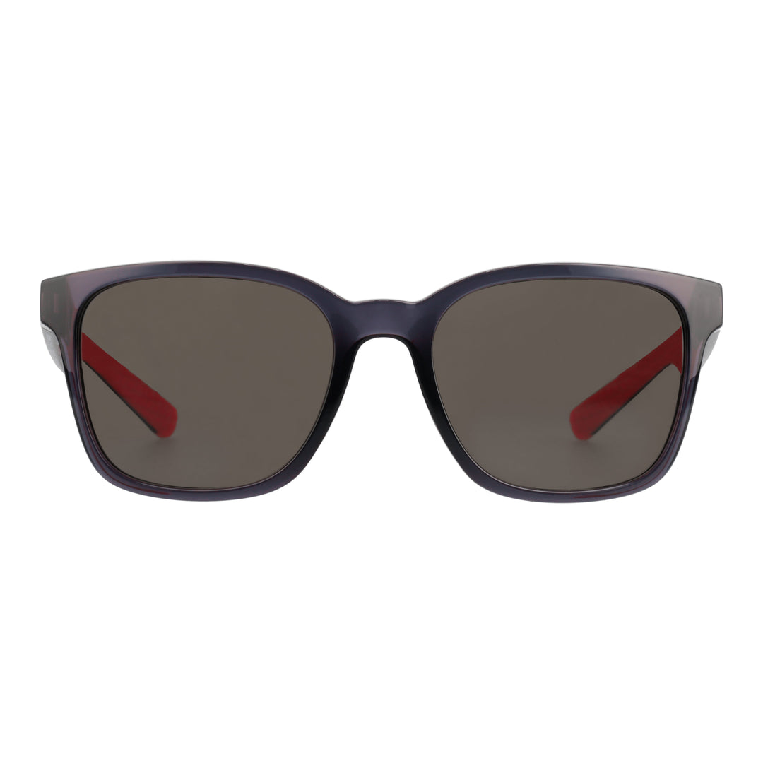 Blue-grey golf sunglasses with dark lenses and red diagonal accent inside lenses