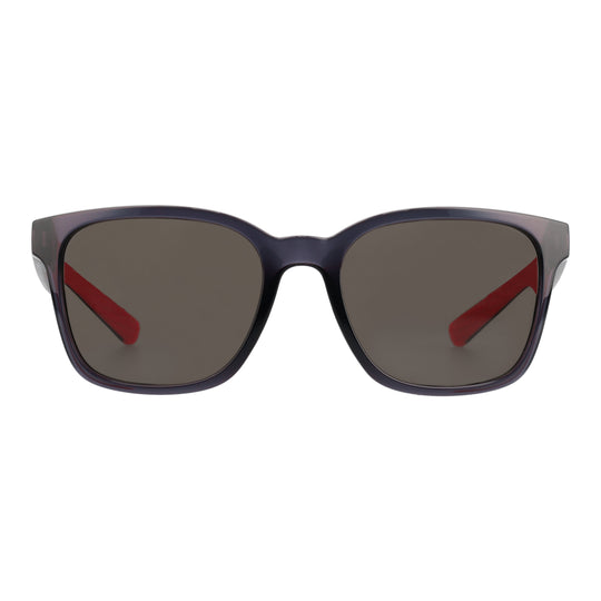 Blue-grey golf sunglasses with dark lenses and red diagonal accent inside lenses