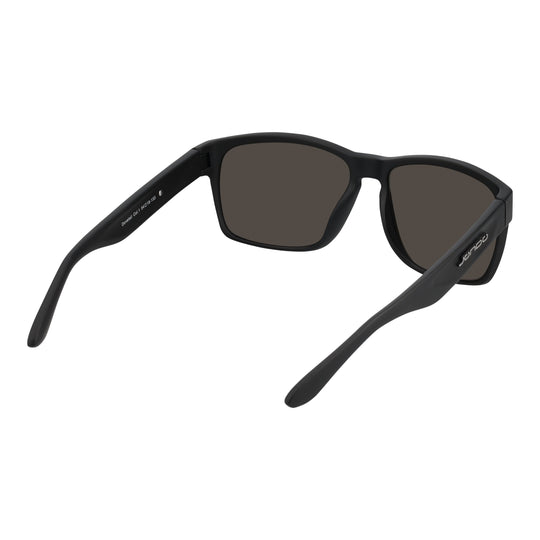MatteBlack golf sunglasses angled view with dark brown lenses and temple logo