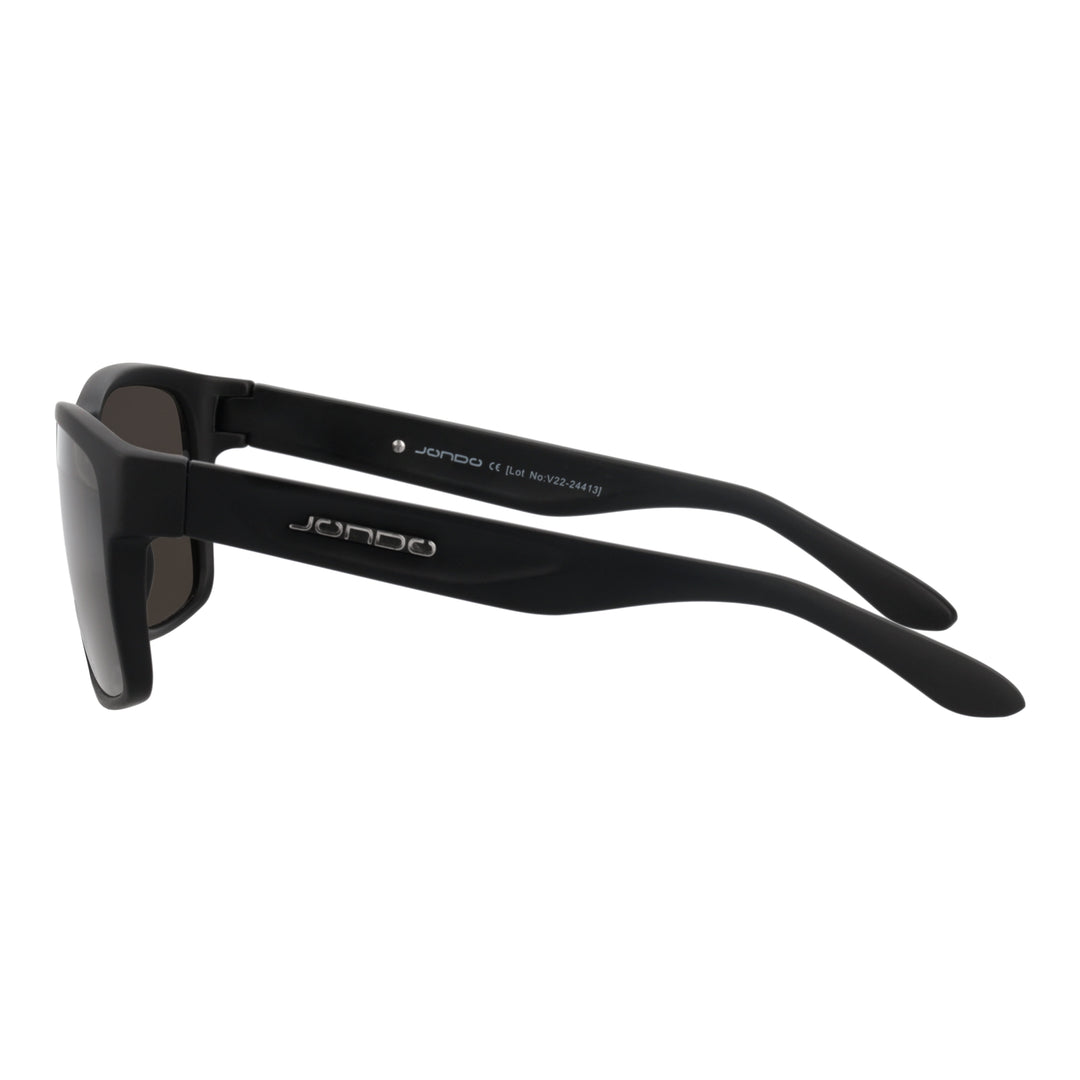 MatteBlack golf sunglasses side profile with dark brown lenses and JONDO temple branding