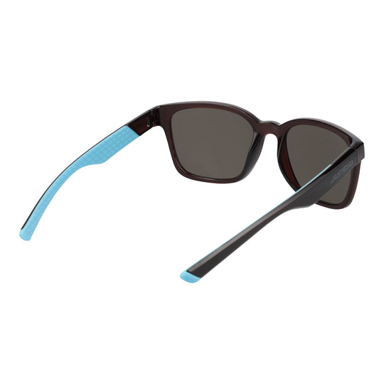 Side view brown golf sunglasses with dark lenses and textured blue-teal temples