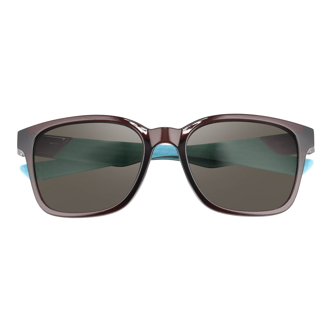Sandy Golf Sunglasses, dark maroon frame with dark tinted lenses and blue temple tips.