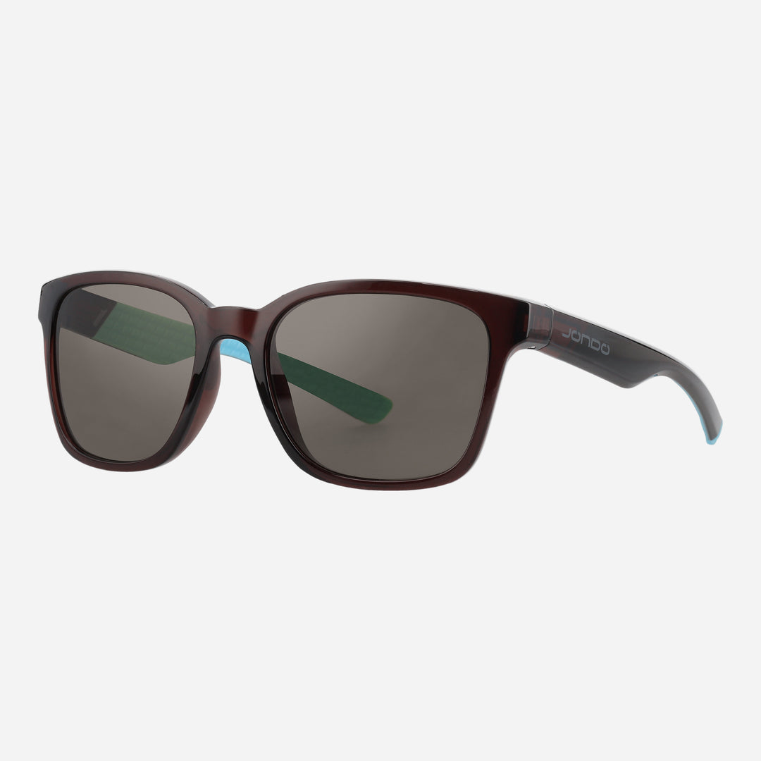 Brown golf sunglasses with dark lenses and teal temple tips