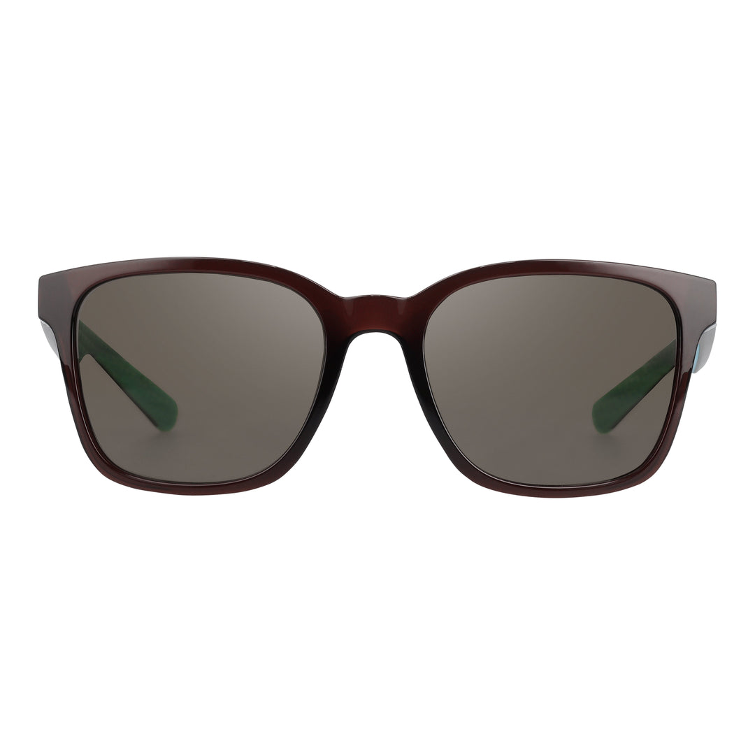 Brown golf sunglasses with dark lenses and green diagonal accent