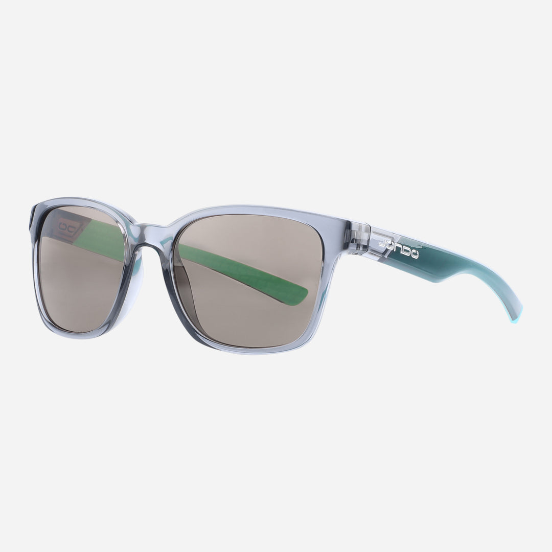 Sandy Golf Sunglasses, light grey-blue frame with green-tinted lenses and dark temples.