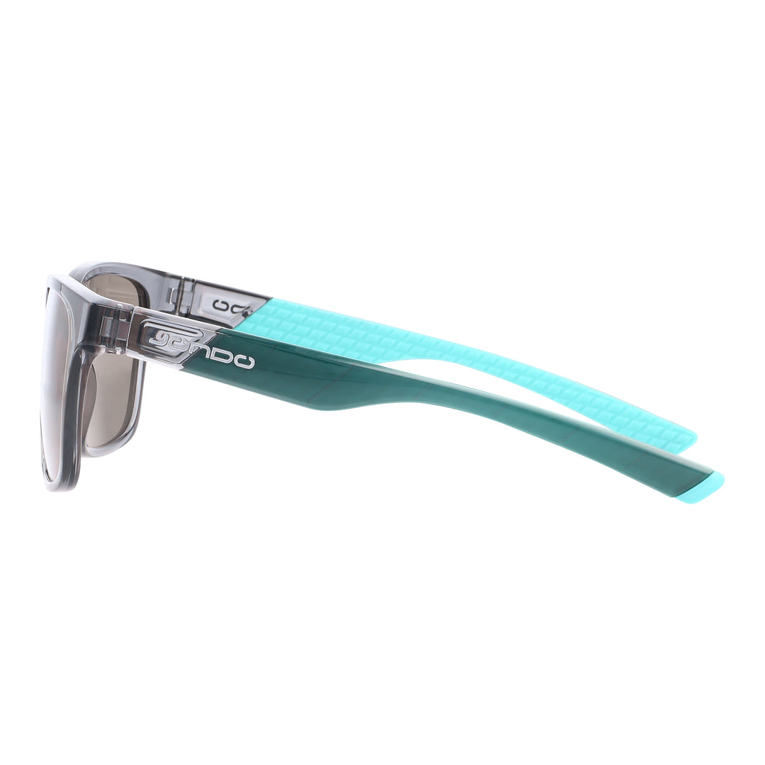 Sandy Golf Sunglasses Seitenansicht mit türkisfarbenen Bügeln und braunen Linsen