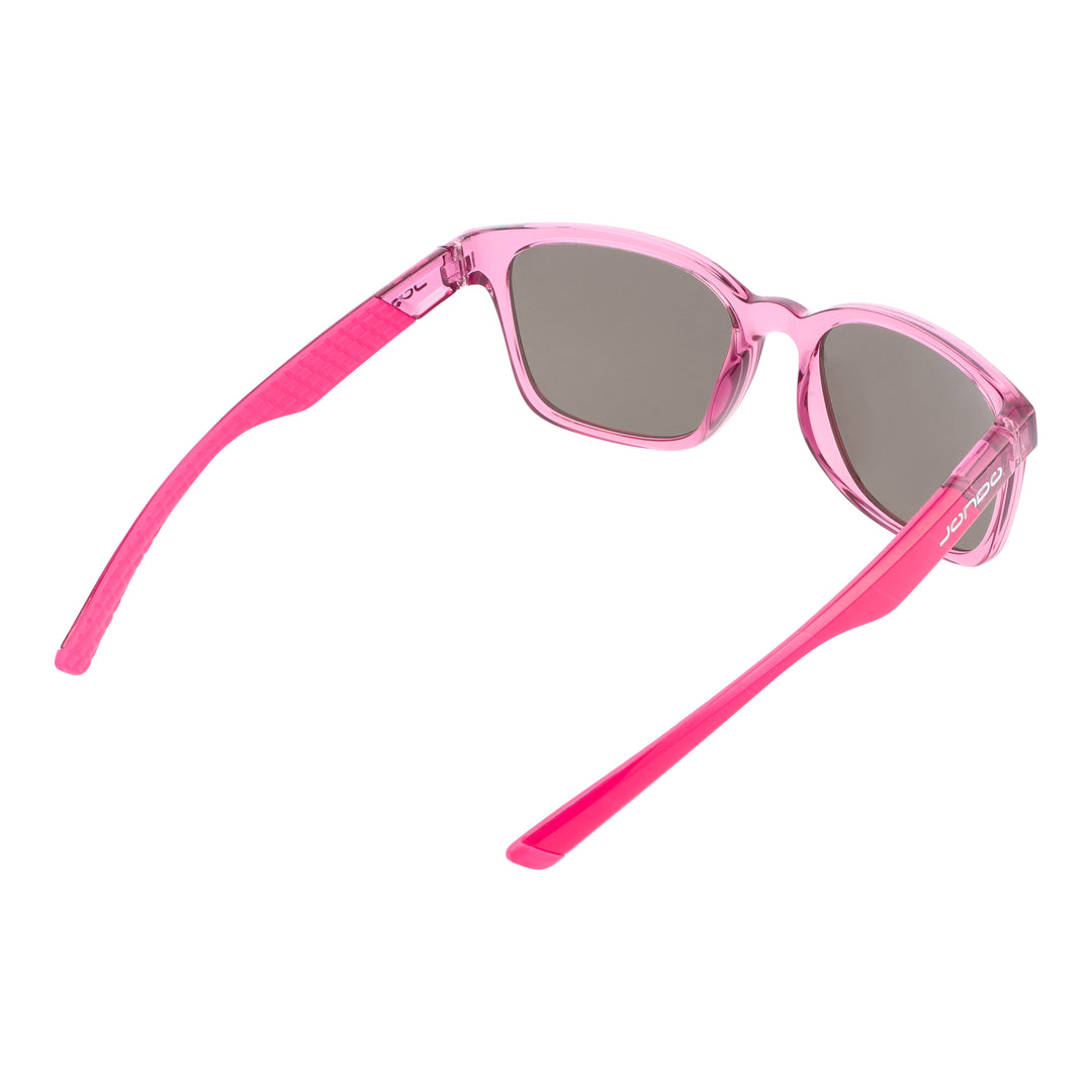 Sandy Golf Sunglasses, pink frame with dark lenses and clear temple section.