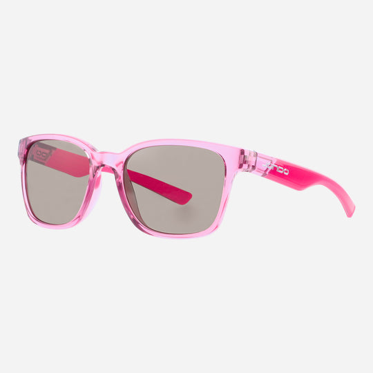 Sandy Golf Sunglasses in pink with grey tinted lenses and clear-look frame details.