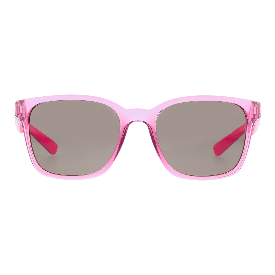 Sandy Golf Sunglasses in pink with large grey tinted lenses and magenta side details.