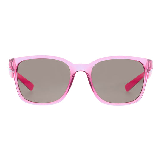 Sandy Golf Sunglasses in pink with large grey tinted lenses and magenta side details.