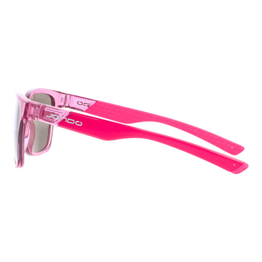 Sandy Golf Sunglasses, pink translucent frame with textured light-blue temple grips.
