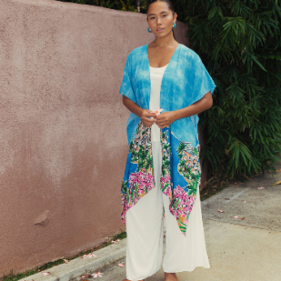 Blue kimono jacket with colorful vertical floral border, open front, draped short-sleeve design