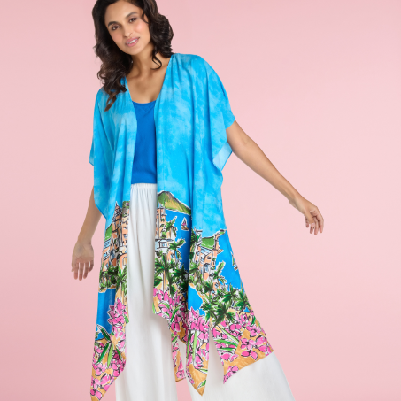 Blue kimono jacket with scenic town and pink flower print border, open front, short sleeves