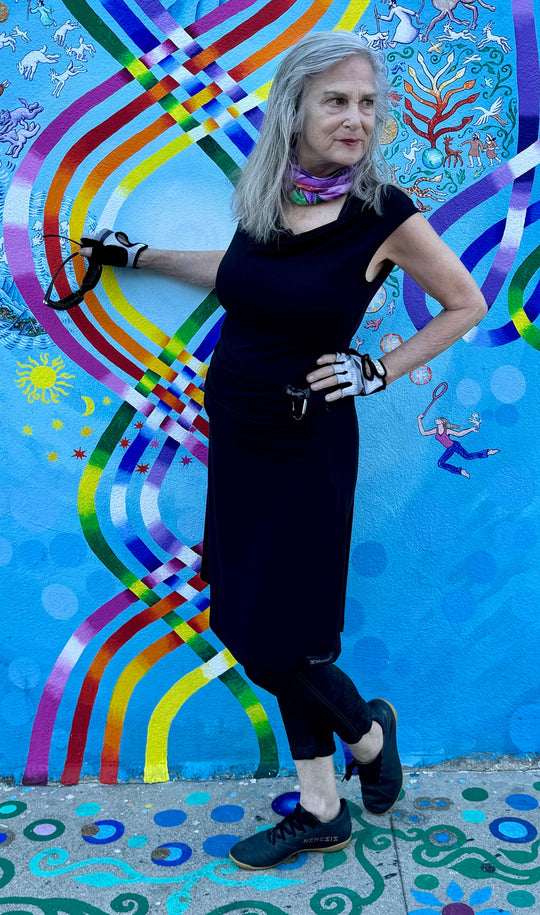 Bike Date Dress in black, sleeveless cowl neck with ruched waist and knee-length fit