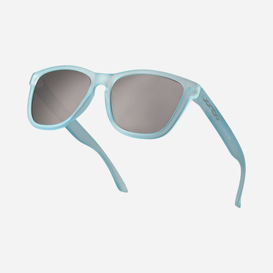 Blue Fringe Golf Sunglasses profile view with dark lenses and logo arm
