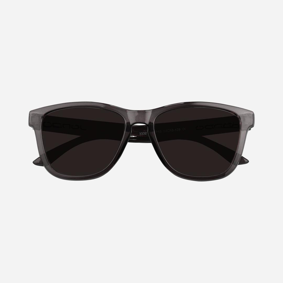 Fringe Golf sunglasses with dark frame and dark lenses, close front view