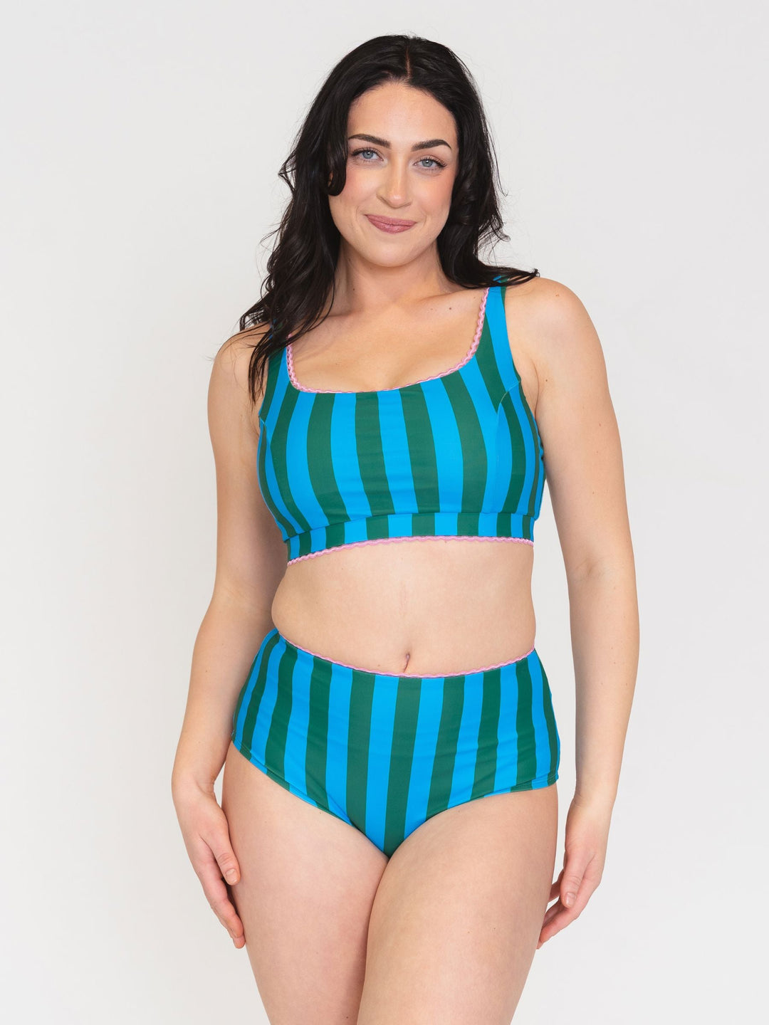 Juniper Stripe Scoop Bralette teal/green vertical stripes, purple trim, front view