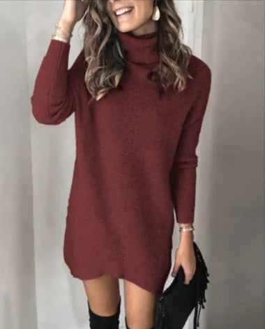 Hollow knit sweater dress, wine red knit, long sleeves with ribbed cuffs