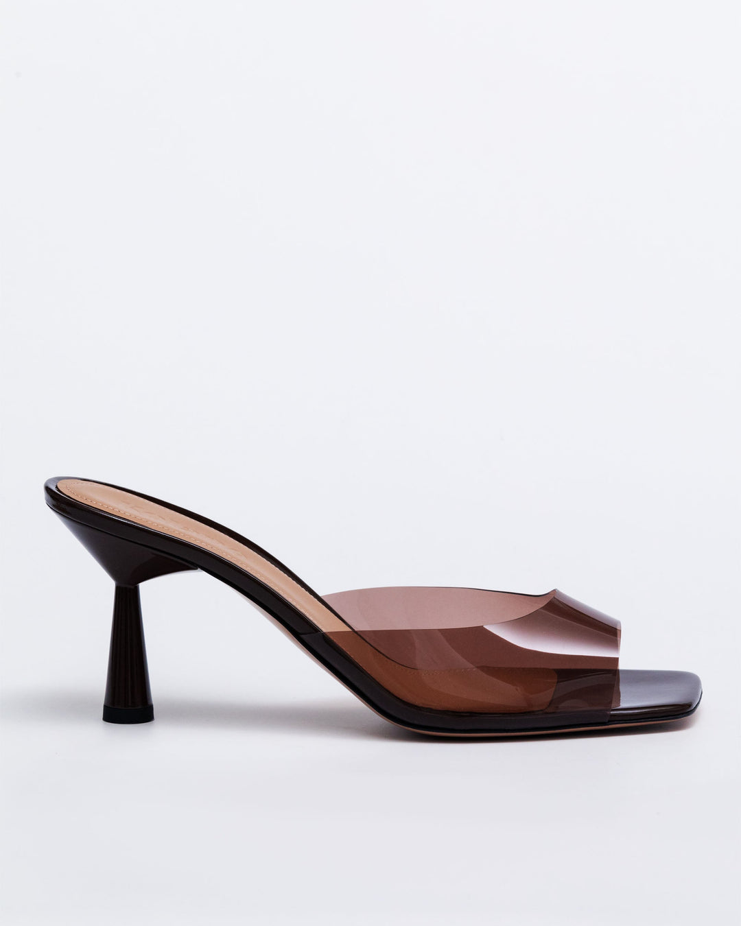Greta Mule 70 PVC in chocolate brown, clear upper, black block heel
