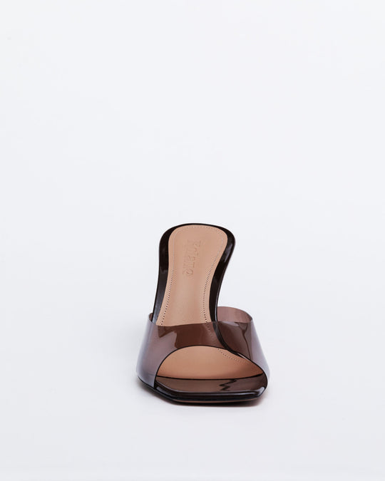 Chocolate brown Greta Mule 70 PVC from the front, transparent strap detail