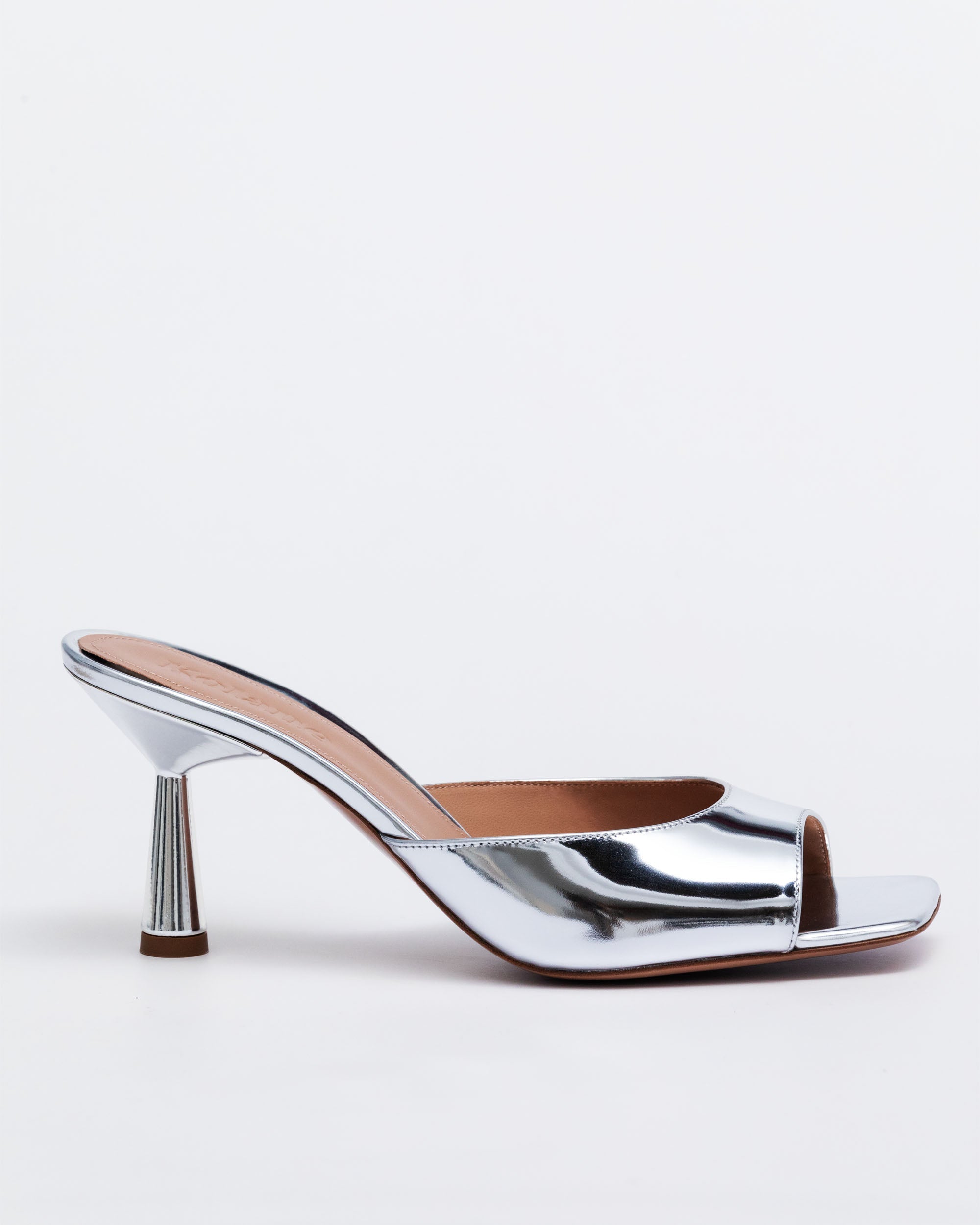 Greta Mule 70, silbernes Spiegel-Leder, offene Zehen, 70-mm Absatz