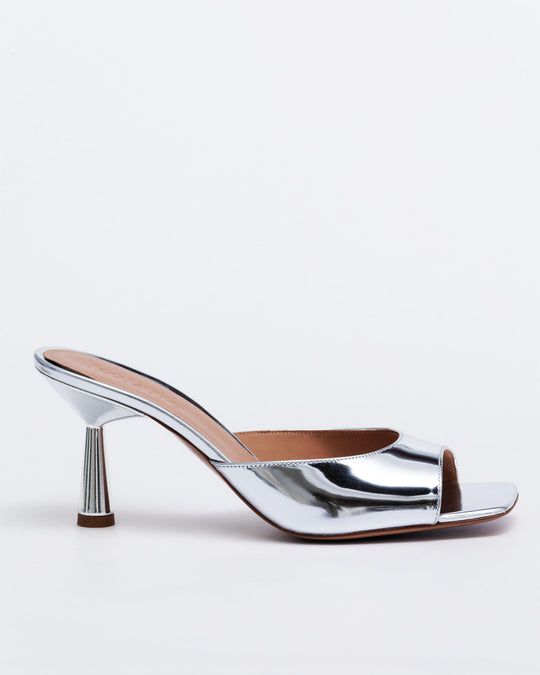 Greta Mule 70, silbernes Spiegel-Leder, offene Zehen, 70-mm Absatz