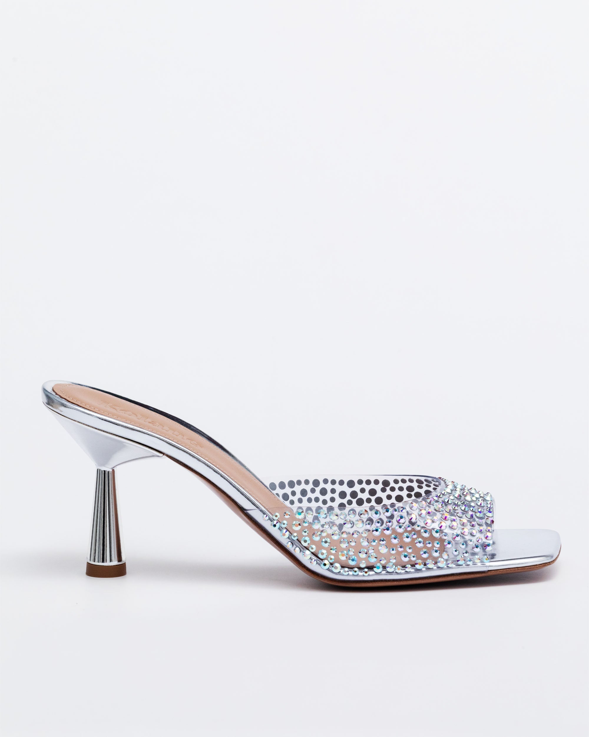 Crystal-embellished silver mule with 70mm metallic heel, open toe strap