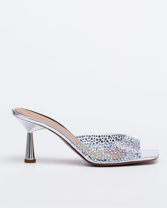 Crystal-embellished silver mule with 70mm metallic heel, open toe strap