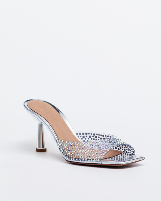 Silver crystal mule sandal, open toe with V-cut vamp and 70mm metal heel