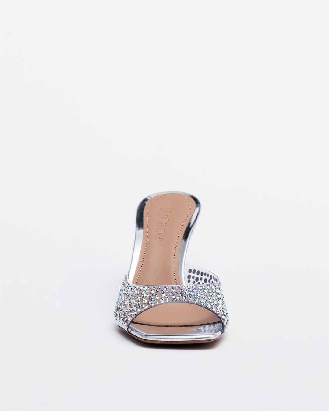 Back view: silver crystal slide mule with open toe and 70mm heel