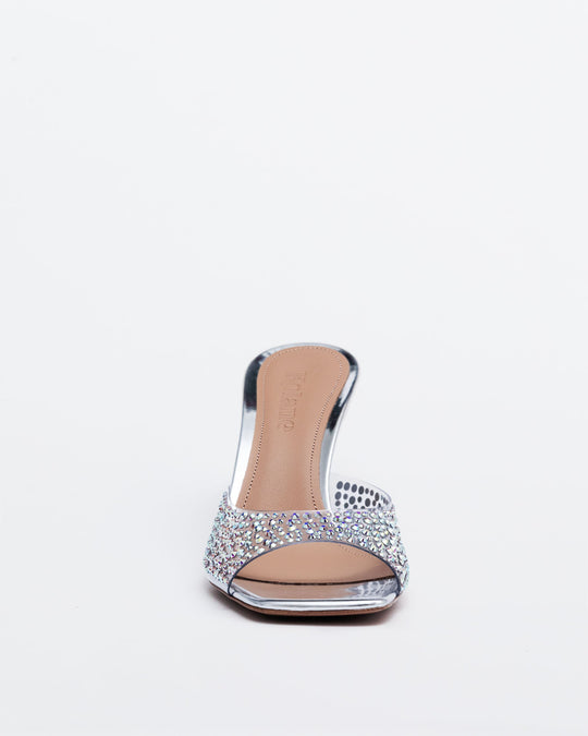 Back view: silver crystal slide mule with open toe and 70mm heel