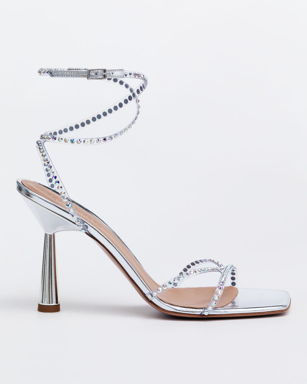 Silver 90 rhinestone sandal with crisscross crystal straps and buckle closure
