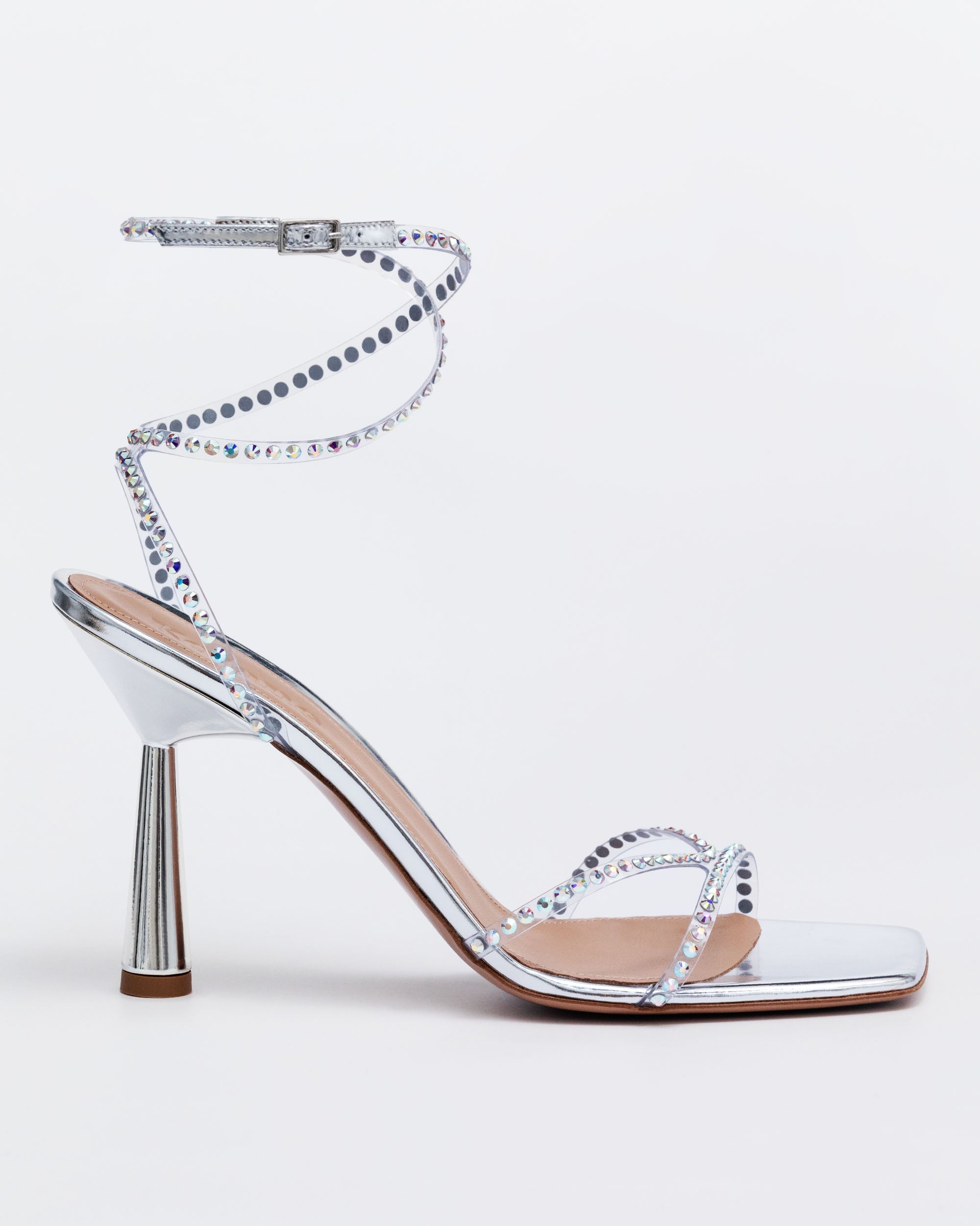 Silver 90 rhinestone sandal with crisscross crystal straps and buckle closure