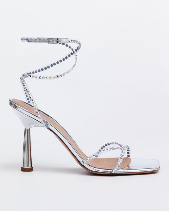 Silver 90 rhinestone sandal with crisscross crystal straps and buckle closure