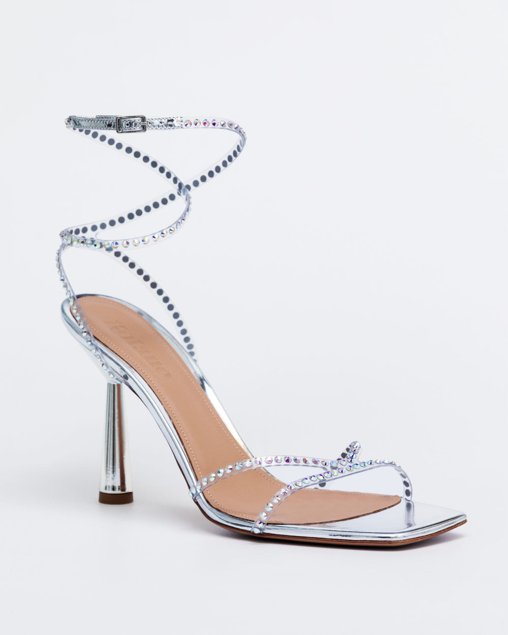 Silver 90 crystal-embellished heeled sandal with crisscross strap design