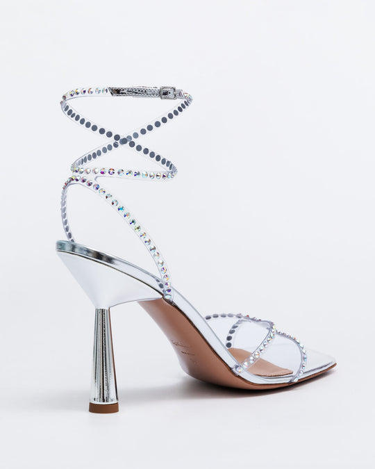 Silver 90 rhinestone sandal, ankle strap with buckle and open toe