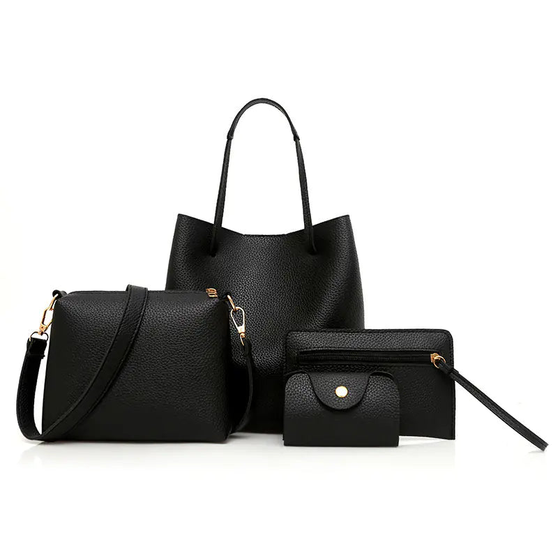 Black bucket tote set: large tote bag, crossbody bucket, zip wallet pouch