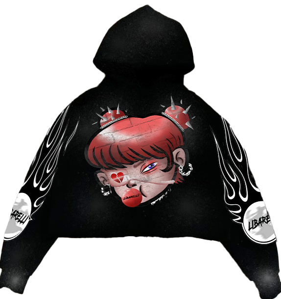 Black hoodie with red face graphic and flame-style sleeve prints, hooded front.