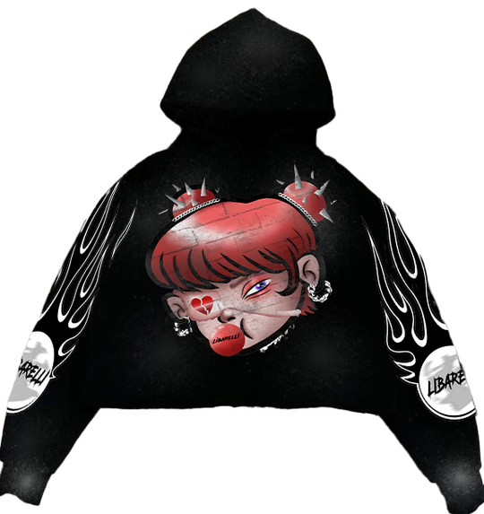 Black hoodie with red face graphic and flame-style sleeve prints, hooded front.