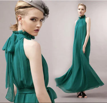 Bohemian Halter-Neck Maxikleid aus Chiffon, grün-türkis, mit Schleife am Träger/ausgeschnittenem Rücken