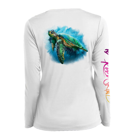 Ladies Underwater Turtle long sleeve, white shirt with turtle graphic on back