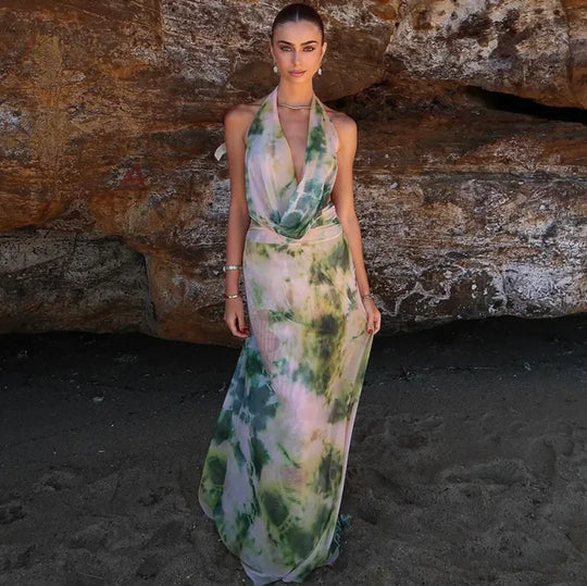 Tie-dye halter backless maxi dress set, green and white swirl pattern