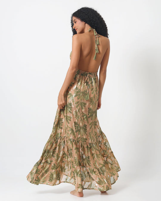 Lima Dress with open back, halter straps, tiered ruffle hem, green leaf print