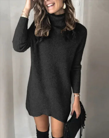 Hollow Knit Sweater Dress in black knit, relaxed fit turtleneck and long sleeves
