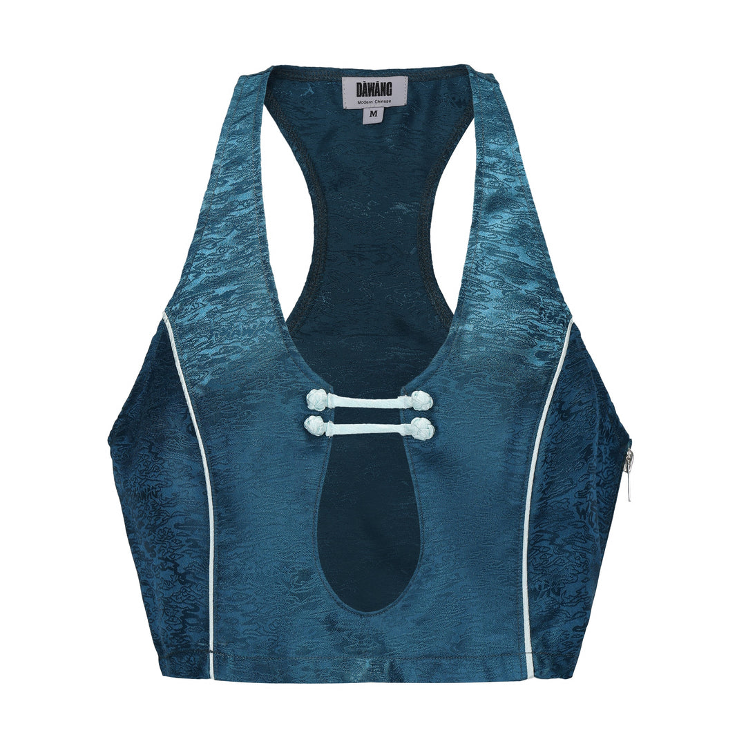 DAWANG forest blue sleeveless top, open front keyhole with white trim and pom-pom tie