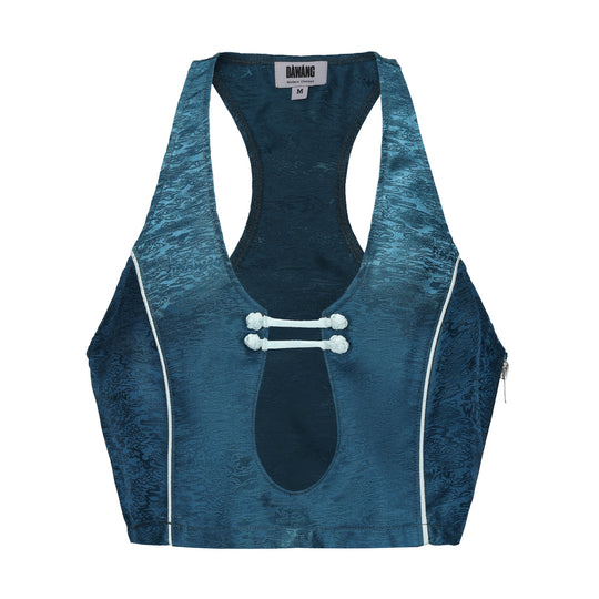 DAWANG forest blue sleeveless top, open front keyhole with white trim and pom-pom tie