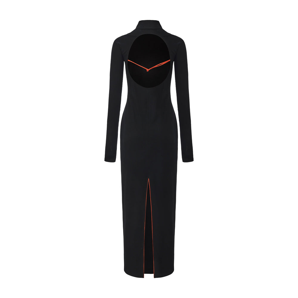 Black maxi dress, open back with orange-trim straps; side slit at hem