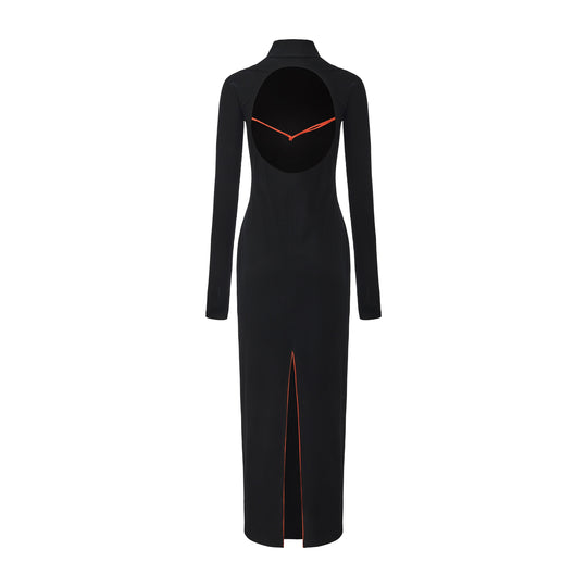 Black maxi dress, open back with orange-trim straps; side slit at hem